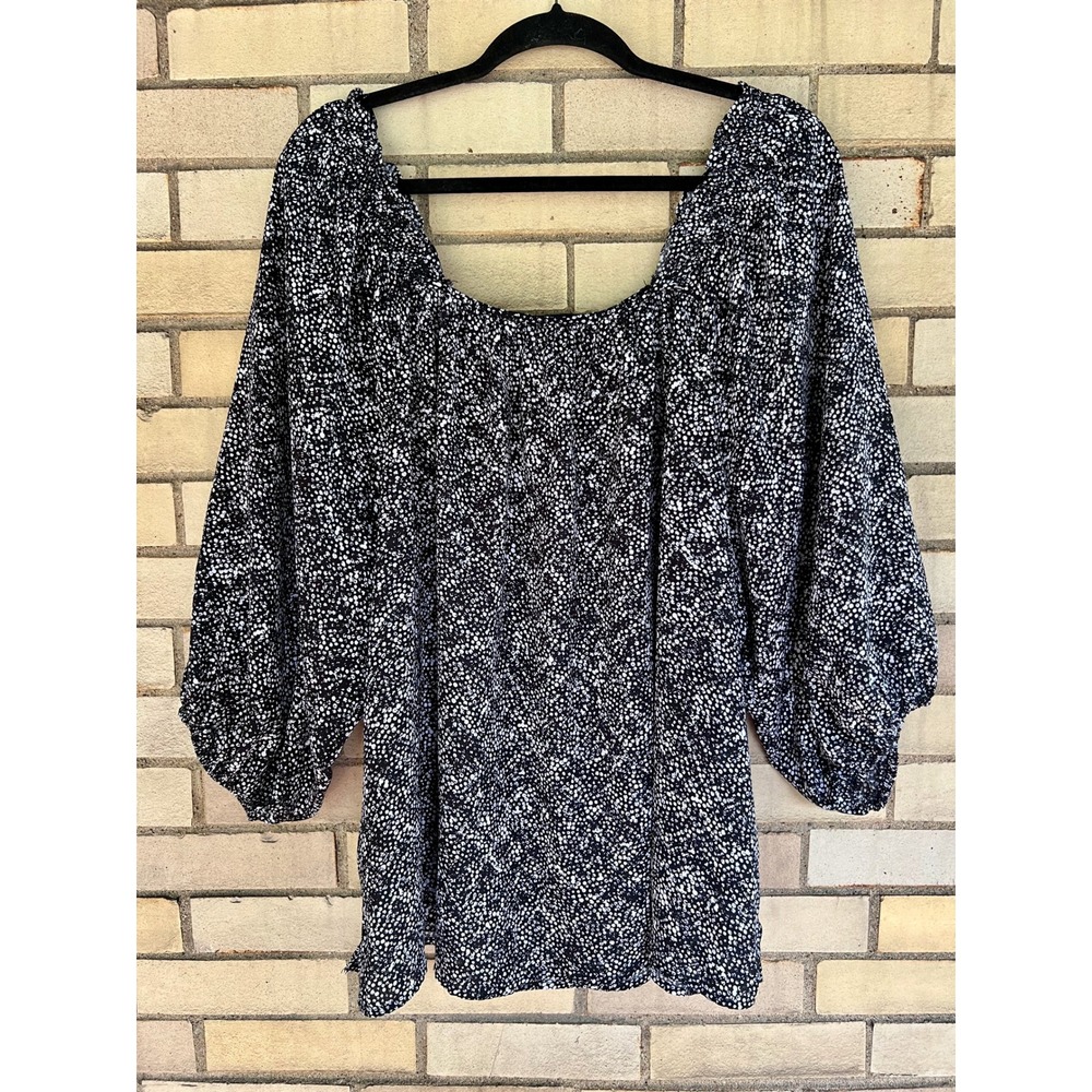 Adrienne Vittadini Black White Speckled Puff Sleeve Top Size 3X